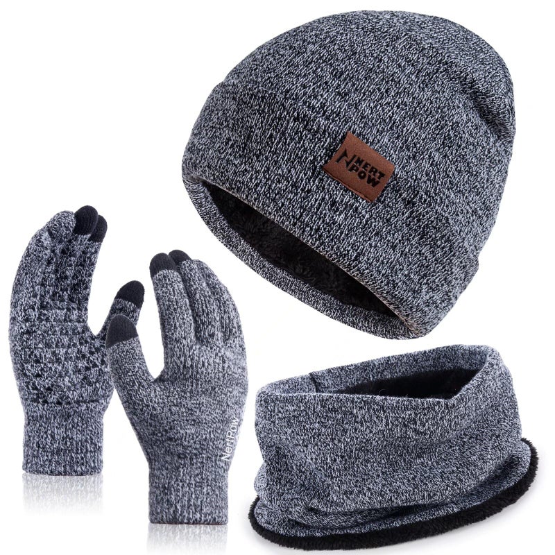 Nertpow Winter 1-3 PCS Beanie Hat Gloves Scarf for Men and Women, Knit Thick Fleece Lined Warm Touchscreen Gloves Beanie Infitiny Scarf Set (Gloves&Beanie&Scarf Black White) - Image 1